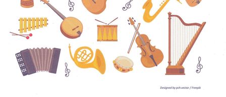 Plakat für eine Gemeinschaftsveranstaltung am 21. März 2026 um 18 Uhr in Dorfla 40. Es zeigt verschiedene Musikinstrumente und die Beteiligung von Musikern des Musikantenstammtischs und der Kirchbacher Saiten-Musi. Entworfen von pch.vector auf Freepik.