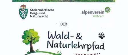 Ein Werbeplakat für die Eröffnung eines Naturlehrpfades, das einen Waldweg mit Bänken und Informationstafeln zeigt. Das Plakat enthält ein Baumlogo und die Veranstaltungsdetails.