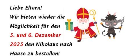 Ein Poster bewirbt die Nikolausaktion. Es lädt Eltern ein, Nikolaus für den Besuch ihrer Häuser am 5. und 6. Dezember 2025 zu buchen. Die Anmeldung ist bis spätestens 28. Nov. 2025 erforderlich. Kontaktieren Sie Frau Kickmaier Waltraud unter 0664/9771489.