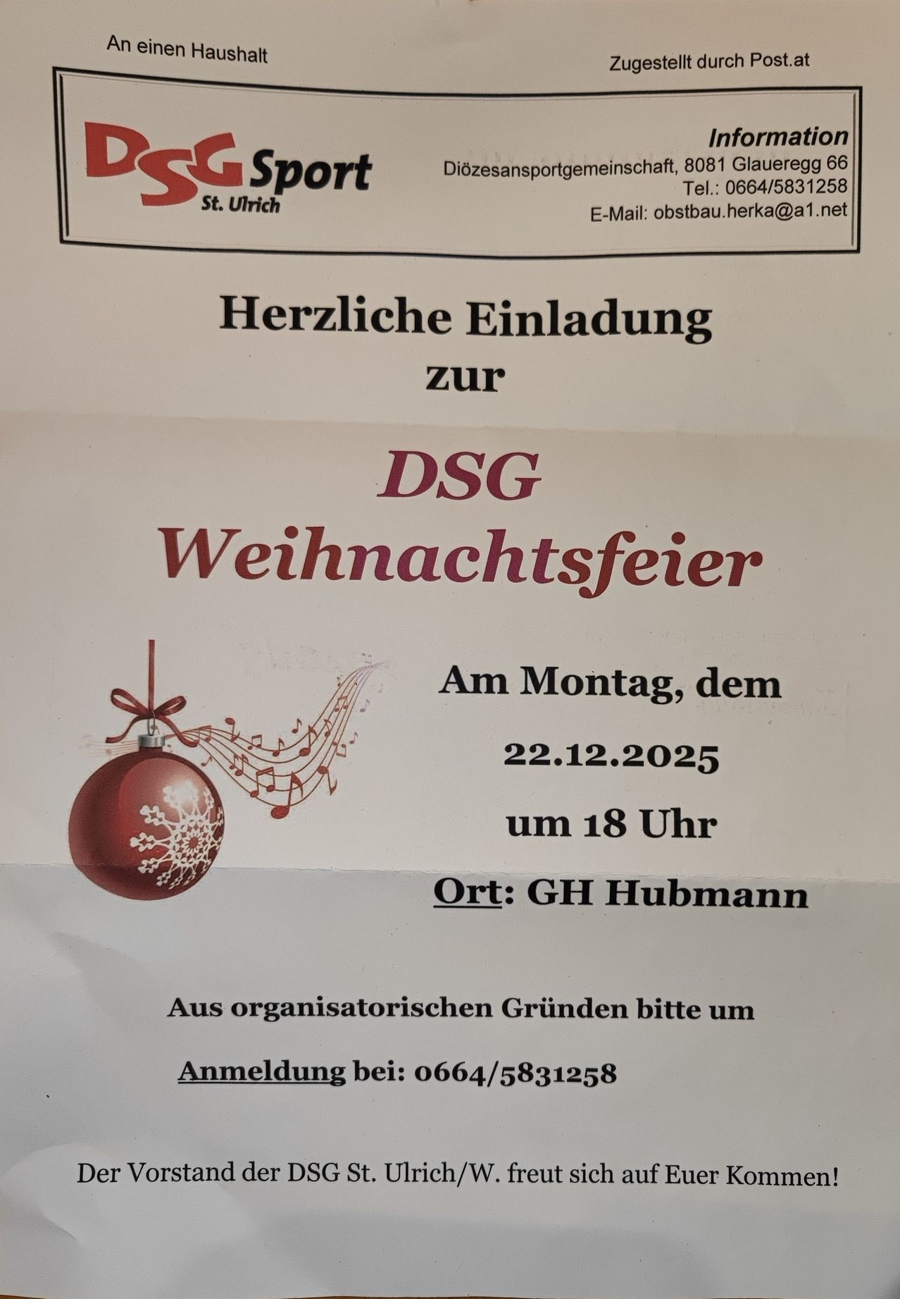Einladung zur DSG-Weihnachtsfeier am Montag, 22.12.2025, um 18 Uhr. Ort: GH Hubmann. Bitte anmelden unter 0664/5831258.
