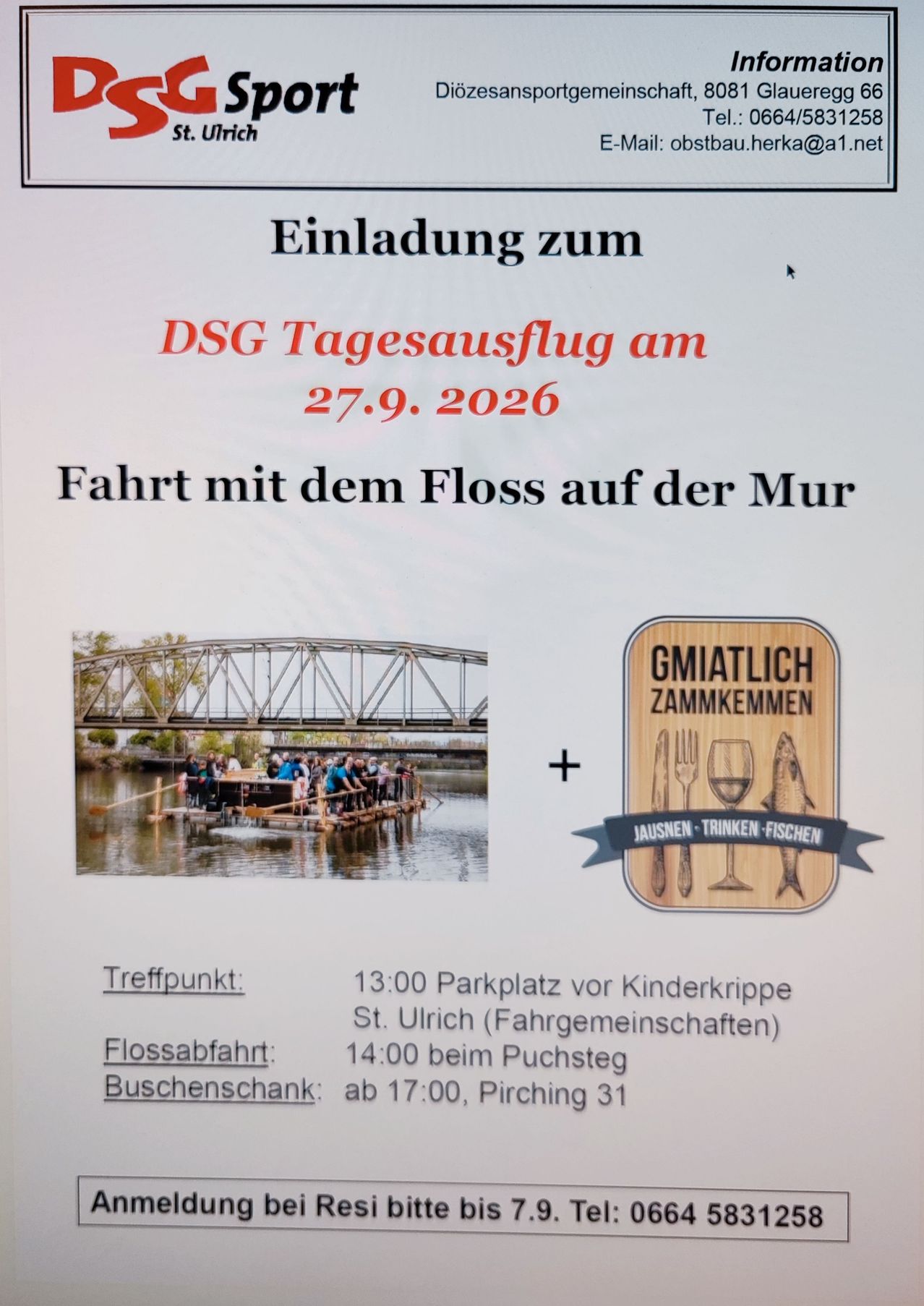 Plakat für einen Tagesausflug auf der Mur am 27.9.2026 mit einem Floß. Es zeigt ein Foto von Menschen auf einem Floß, eine Brücke im Hintergrund und Details zu Treffpunkten und Zeiten.