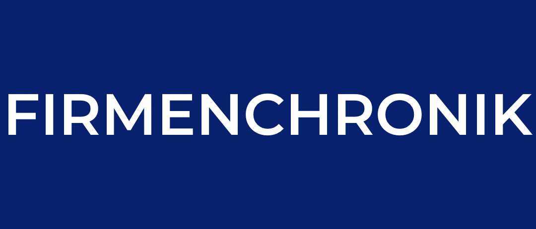 Ein blauer Hintergrund mit weißem Text, der 'Firmenchronik' besagt.