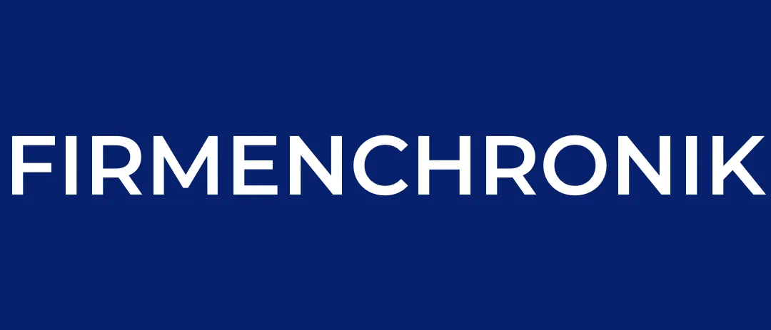 Ein blauer Hintergrund mit weißem Text, der 'Firmenchronik' besagt.
