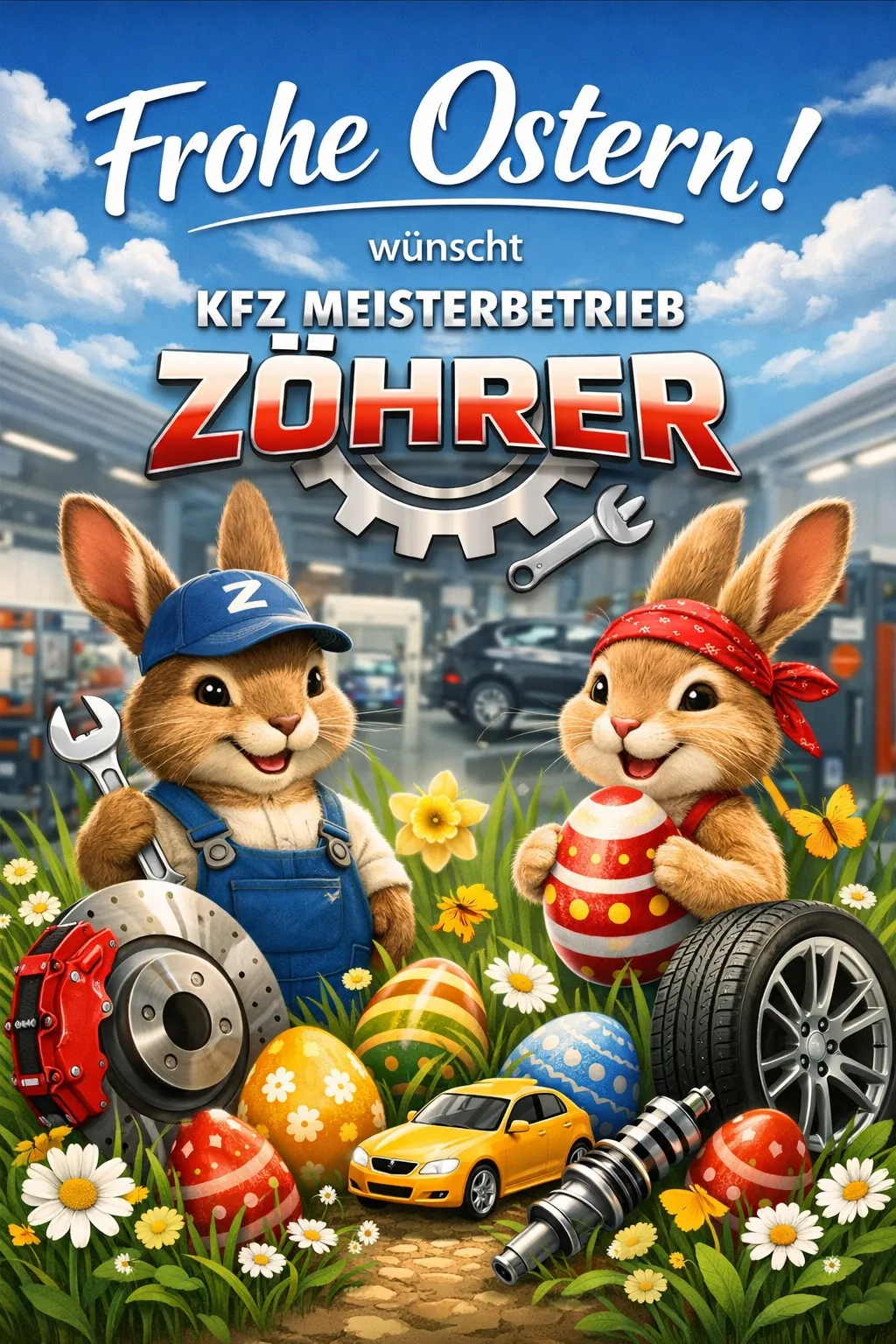 Zwei Hasen in einer Werkstatt, einer hält eine Schraube und eine Bremsscheibe, der andere ein verziertes Ei und einen Reifen. Im Hintergrund steht ein Fahrzeug.