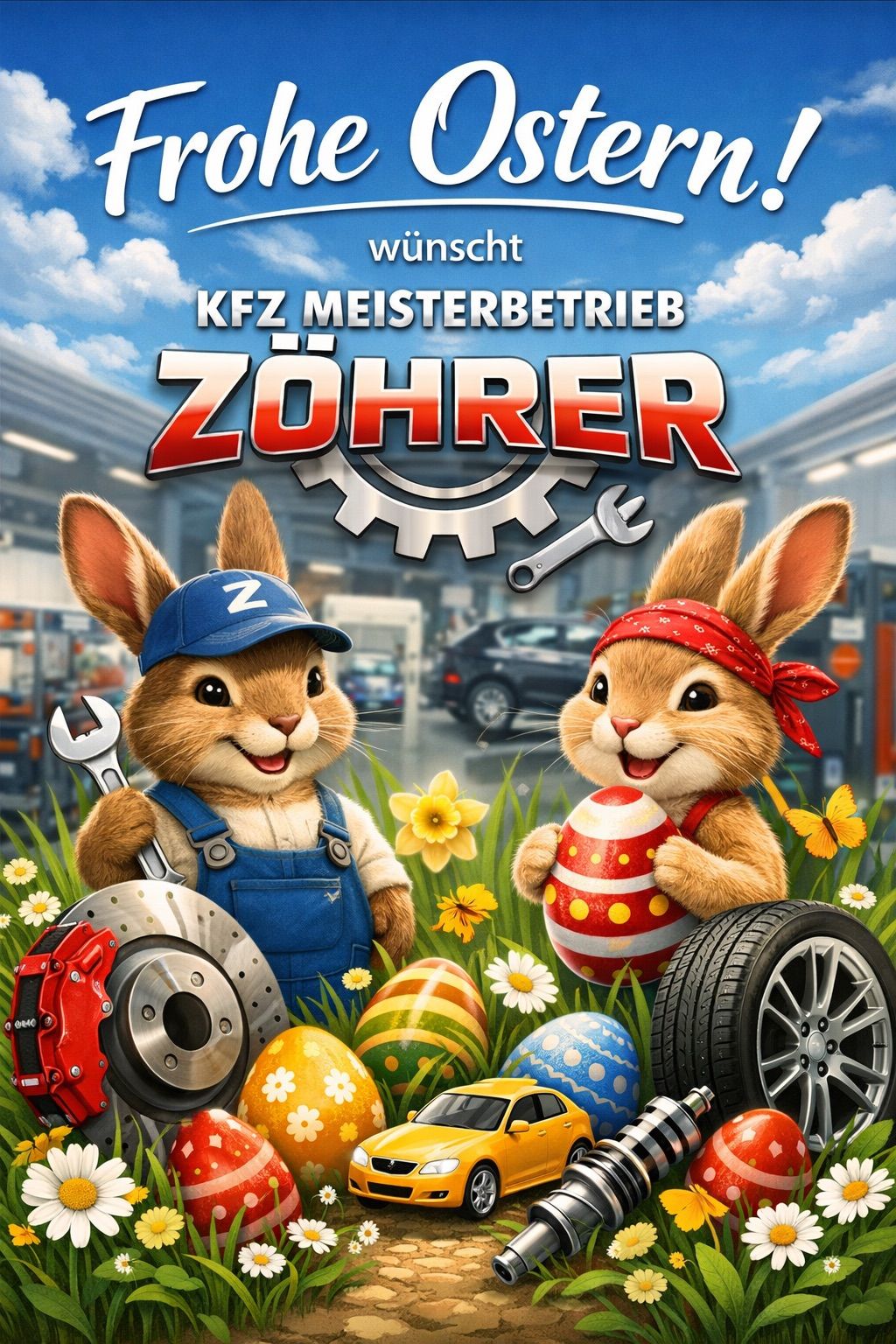 Zwei Hasen in einer Werkstatt, einer hält eine Schraube und eine Bremsscheibe, der andere ein verziertes Ei und einen Reifen. Im Hintergrund steht ein Fahrzeug.