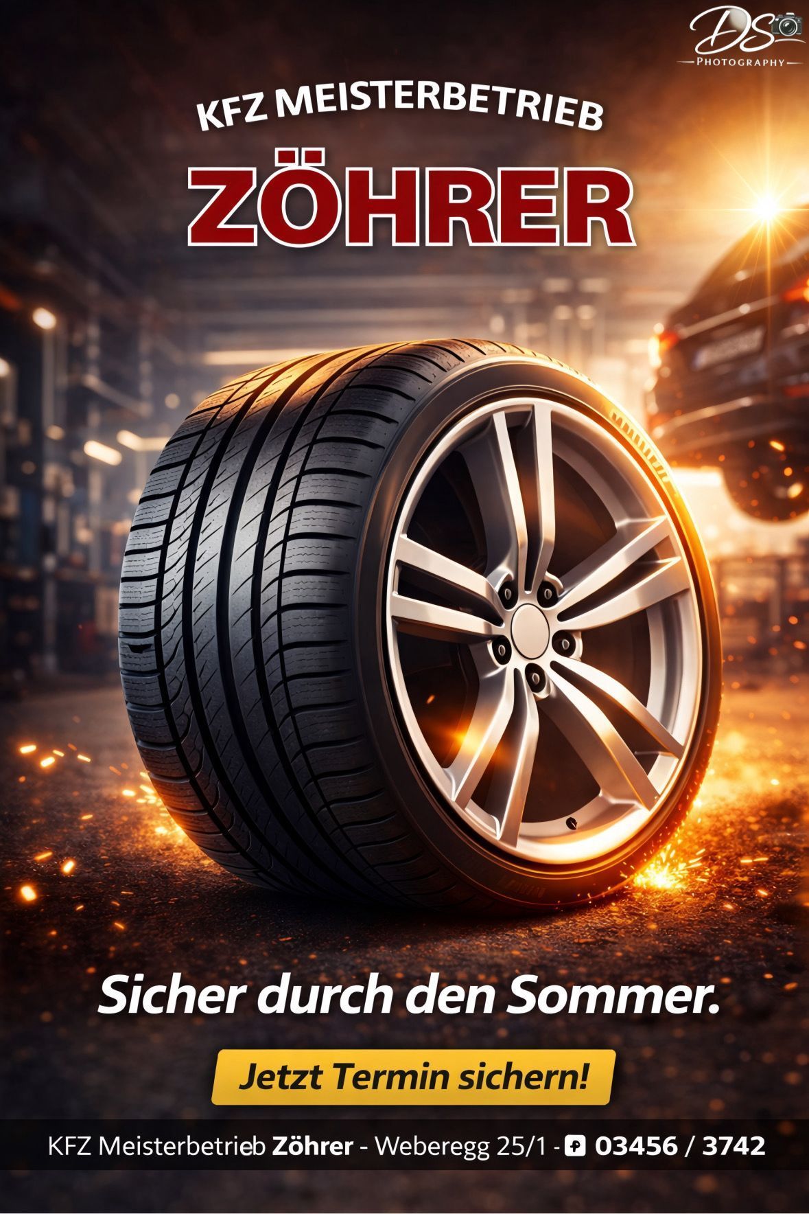 Die Werbung für Zohrer-Reifen zeigt ein Nahaufnahme eines Reifens und einer Leichtmetallfelge vor hellem Hintergrund. Der Markenname Zohrer ist prominent angezeigt.