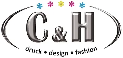 Das Logo für C&H zeigt ein silbernes stilisiertes 'C' und 'H' mit bunten Blumen darum und den Worten 'druck design fashion' darunter.