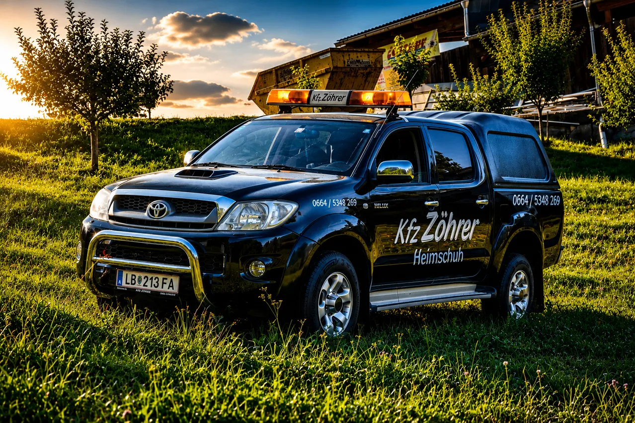 Ein schwarzer Toyota-Pickup mit dem Kennzeichen LB 213 FA, auf einem Grasfeld geparkt. Der Truck hat ein Kfz Zöhrer Heimschuh Logo an der Seite.