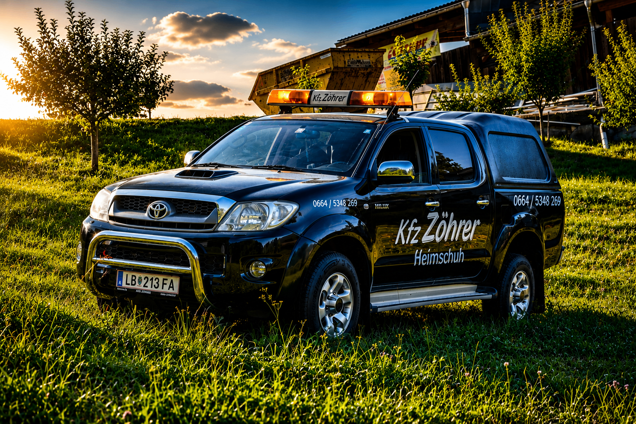 Ein schwarzer Toyota-Pickup mit dem Kennzeichen LB 213 FA, auf einem Grasfeld geparkt. Der Truck hat ein Kfz Zöhrer Heimschuh Logo an der Seite.