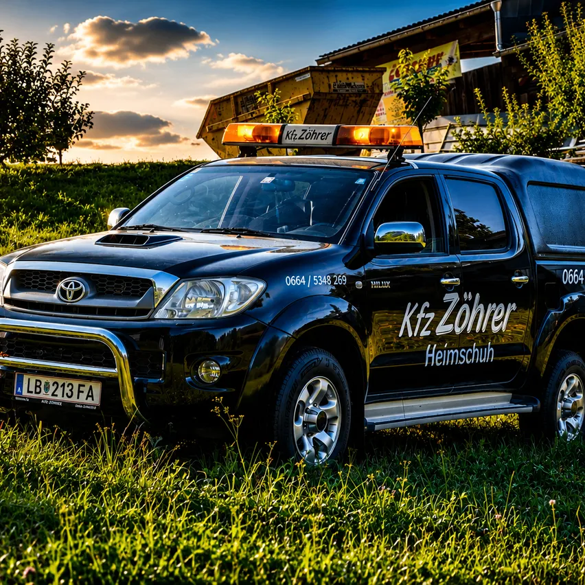 Ein schwarzer Toyota-Pickup mit dem Kennzeichen LB 213 FA, auf einem Grasfeld geparkt. Der Truck hat ein Kfz Zöhrer Heimschuh Logo an der Seite.