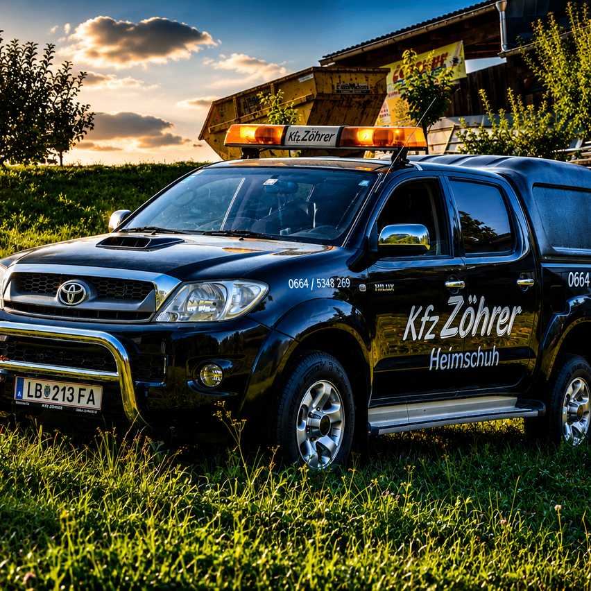 Ein schwarzer Toyota-Pickup mit dem Kennzeichen LB 213 FA, auf einem Grasfeld geparkt. Der Truck hat ein Kfz Zöhrer Heimschuh Logo an der Seite.