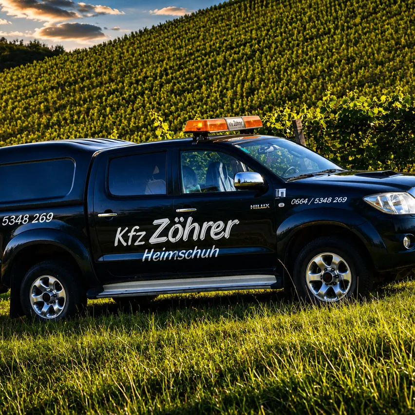 Ein schwarzer Nutzfahrzeug mit der Aufschrift 'Kfz Zöhrer Heimschuh' parkt auf einer Wiese mit einem Weinberg im Hintergrund.