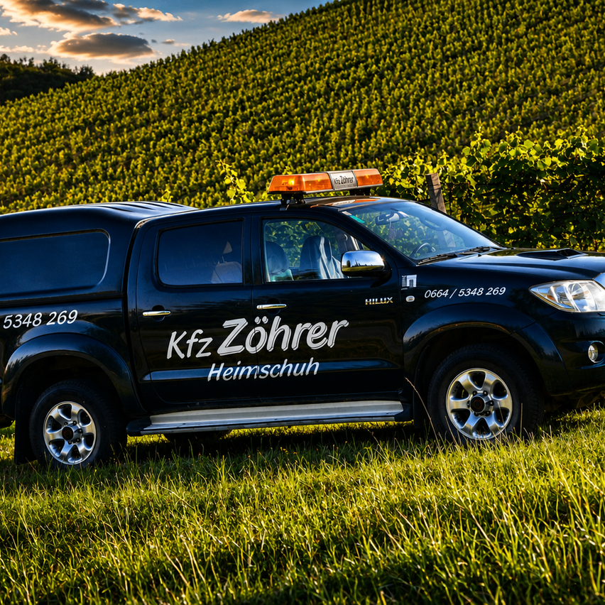 Ein schwarzer Nutzfahrzeug mit der Aufschrift 'Kfz Zöhrer Heimschuh' parkt auf einer Wiese mit einem Weinberg im Hintergrund.