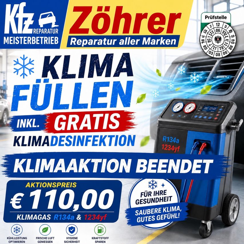 Werbung für Kfz Zöhrer Meisterbetrieb, die einen Sonderpreis von 110 Euro für das Nachfüllen der Autoklimaanlage anbietet, inklusive kostenloser Desinfektion. Zeigt eine blaue Klimaanlage und verschiedene Vorteile.