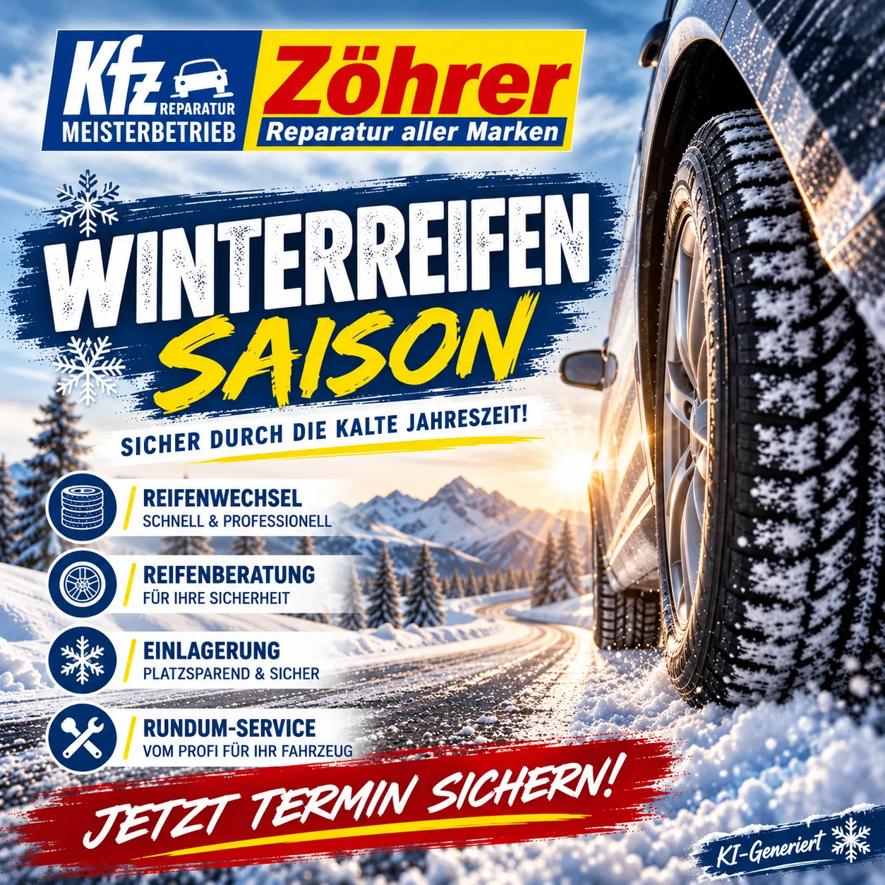 Ein Werbeplakat für Zöhrer Meisterbetrieb, einen Autoreparaturdienst, der Winterreifenservices anbietet. Das Plakat zeigt einen mit Schnee bedeckten Autoreifen auf einer verschneiten Straße, mit einem Gebirgszug im Hintergrund.