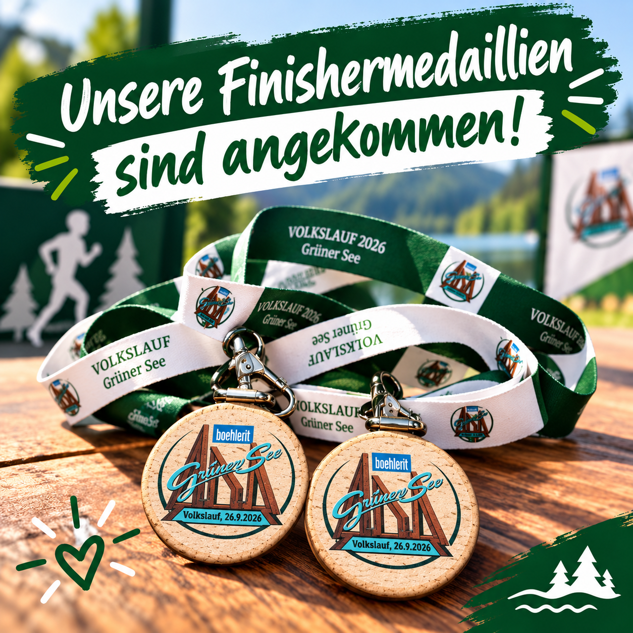 Two cork medals and lanyards from the Griner See Volkslauf 2026 event, displayed on a wooden table. The medals have the event logo and date, and the lanyards have the event name and logo.