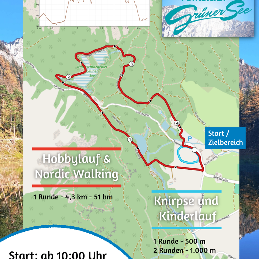 A map showing hiking trails around Grüner See, with distances and times for different routes, including a 1-round 4.3 km 51-hour trail and a 1-round 500 m trail.