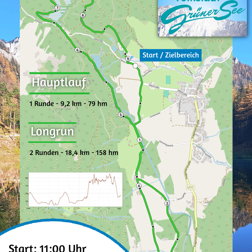 A map showing two hiking routes, one labeled Hauptlauf for 1 round, 9.2 km, 79 meters elevation, and the other labeled Longrun for 2 rounds, 18.4 km, 158 meters elevation. The start/target is marked as Zielbereich.