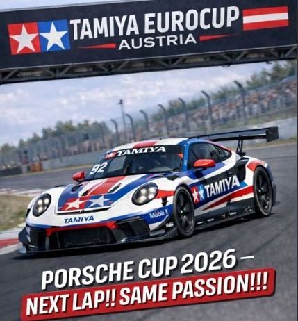 Werbung für das Tamiya Eurocup Austria Event. Ein Rennwagen auf der Rennstrecke, mit der Nummer 92. Das Datum der Veranstaltung ist der 18./19. Juli 2026.