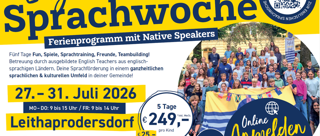 Plakat für ein englisches Sprachsommercamp in Deutschland. Aktivitäten beinhalten Spiele, Sprachtraining und Aktivitäten mit Muttersprachlern. Anmeldung beginnt 10 Tage vor Beginn. 31. Juli 2026. Kosten: 249 €, 25 € pro Kind.