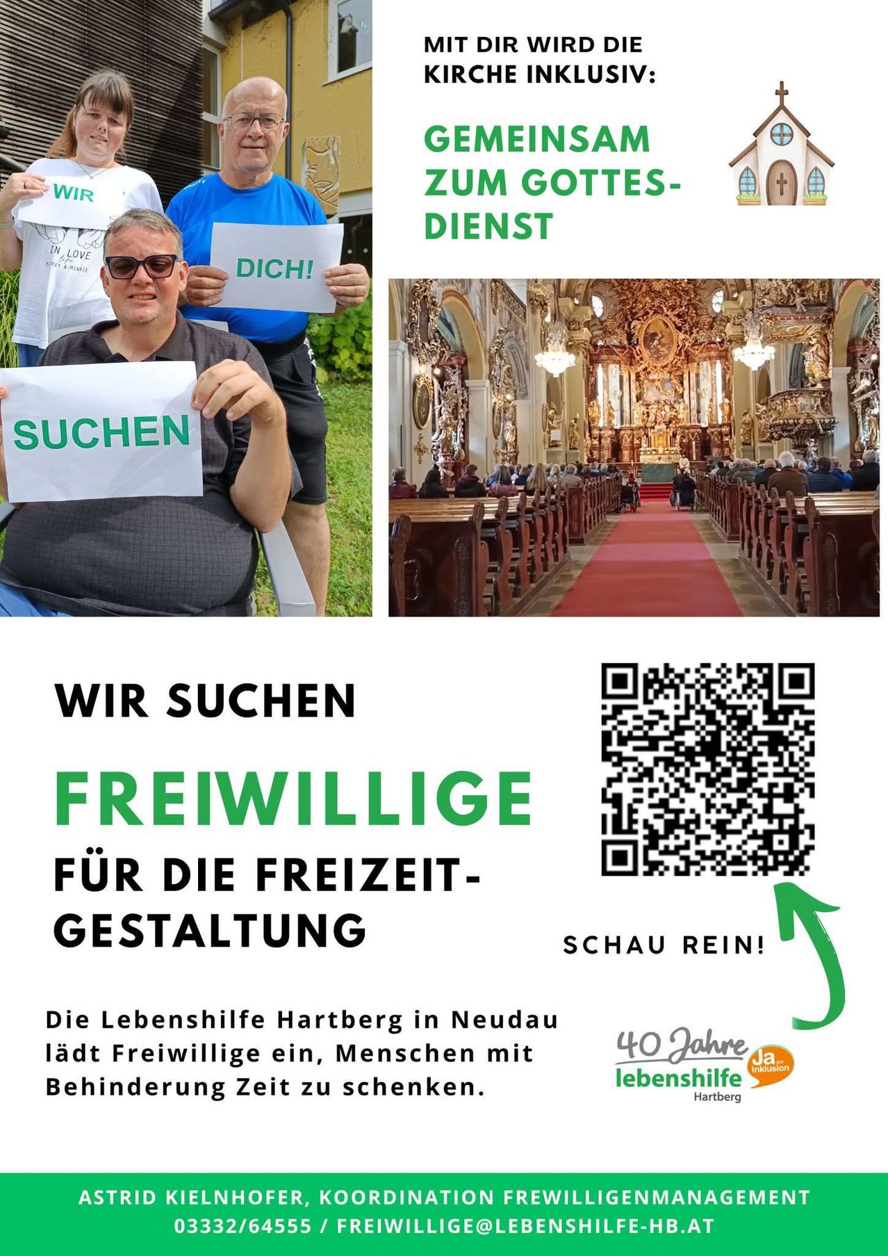 Ein Bild zeigt drei Personen, die Schilder mit 'Wir suchen Freiwillige für die Freizeitgestaltung' und einem QR-Code halten. Ein weiteres Bild zeigt das Innere einer Kirche mit Menschen auf Bänken sitzend.