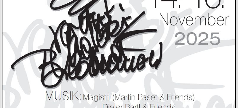 Poster for Maleri und Bildhauerei event from November 14-16, 2025. Features music by Magistri, Dieter Bartl, and friends. Friday, Saturday, and Sunday opening times are listed.