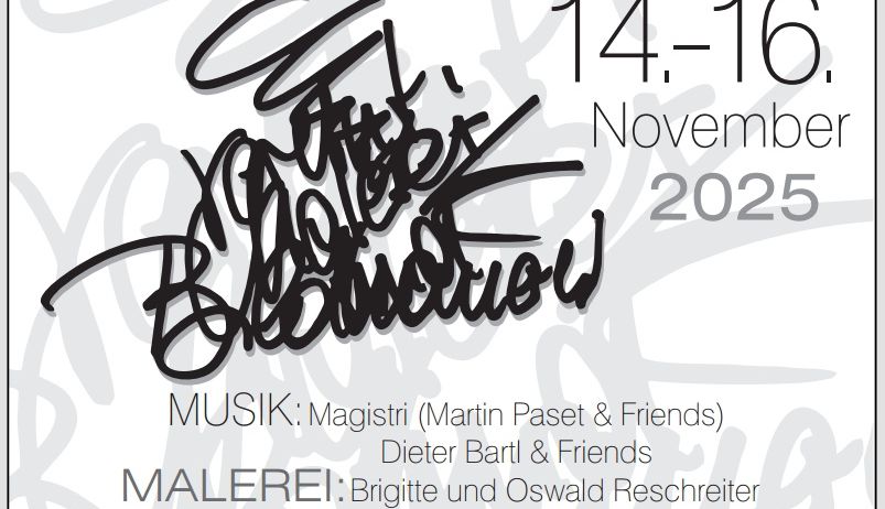 Plakat für die Veranstaltung Maleri und Bildhauerei vom 14.-16. November 2025. Musik von Magistri, Dieter Bartl und Freunden. Öffnungszeiten für Freitag, Samstag und Sonntag sind angegeben.