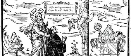 Eine alte Grafik zeigt einen Mann und eine Frau, die vor einem Kruzifix knien. Der Mann trägt eine lange Robe und hält einen Stab. Ein Bischof in kirchlicher Kleidung steht hinter ihnen. Ein Schild mit einem Kreuz befindet sich in der Nähe. Lateinischer Text schmückt die Szene.