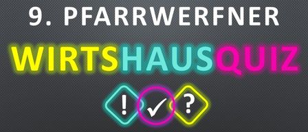 Ein Neonschild zeigt das Wort 'PFARRWERF' in weiß, gefolgt von 'RTSHAUS' in Blau und 'Q' in Rosa. Darunter befinden sich drei Symbole: ein blaues Ausrufezeichen, ein rosa Häkchen und ein gelbes Fragezeichen.