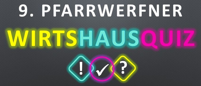 A neon sign displays the word 'PFARRWERF' in white, followed by 'RTSHAUS' in blue and 'Q' in pink. Below are three icons: a blue exclamation mark, a pink checkmark, and a yellow question mark.