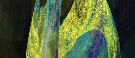 An abstract digital art features a vibrant yellow and blue teardrop shape with textured, flowing edges, set against a dark background.
