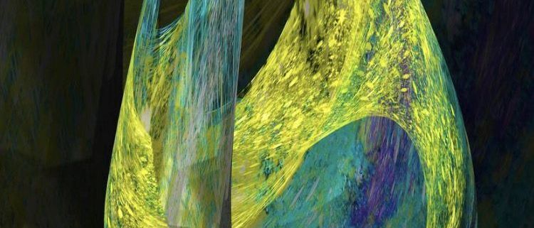 An abstract digital art features a vibrant yellow and blue teardrop shape with textured, flowing edges, set against a dark background.