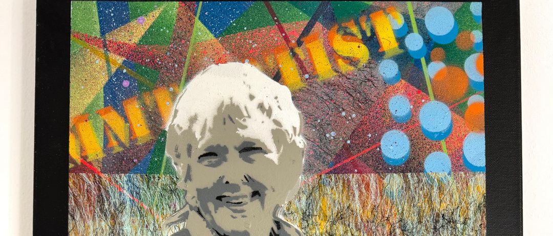 A portrait of an elderly woman with a smile, set against a vibrant abstract background with colorful geometric shapes and text.