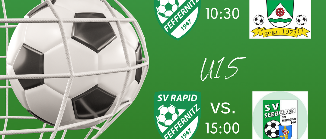 Fußballspiel-Ankündigung für den 2. November 2025, auf dem Sportplatz Feffernitz. Matches zwischen SV Rapid Feffernitz und SV Stockenboi sowie zwischen SV Rapid Feffernitz und SV Seeboden sind für 10:30 und 15:00 Uhr geplant.