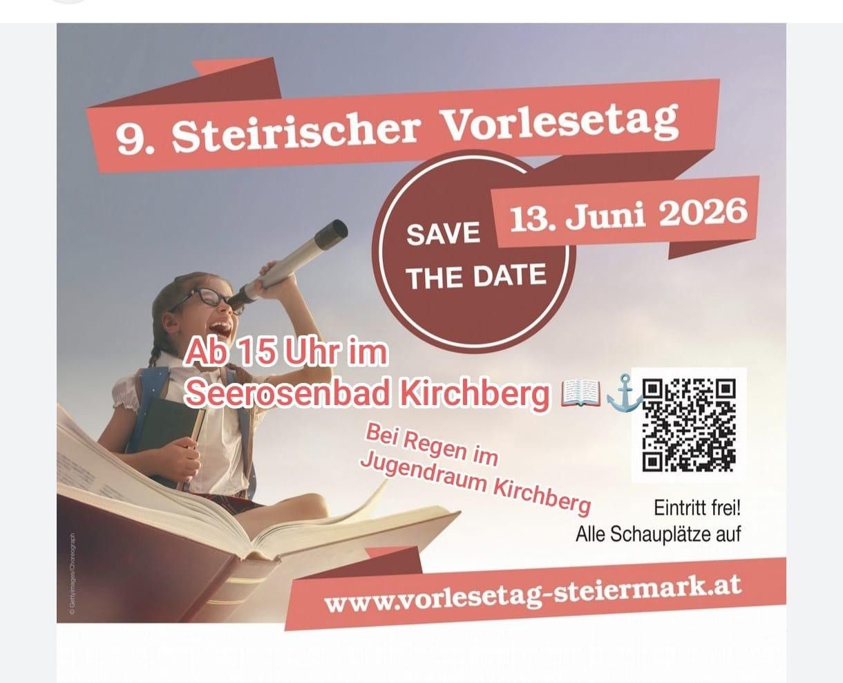 Plakat für den 9. Steirischen Vorlesetag mit einem Kind, das ein Fernrohr hält, geplant für den 13. Juni 2026. QR-Code und Website-Adresse enthalten.