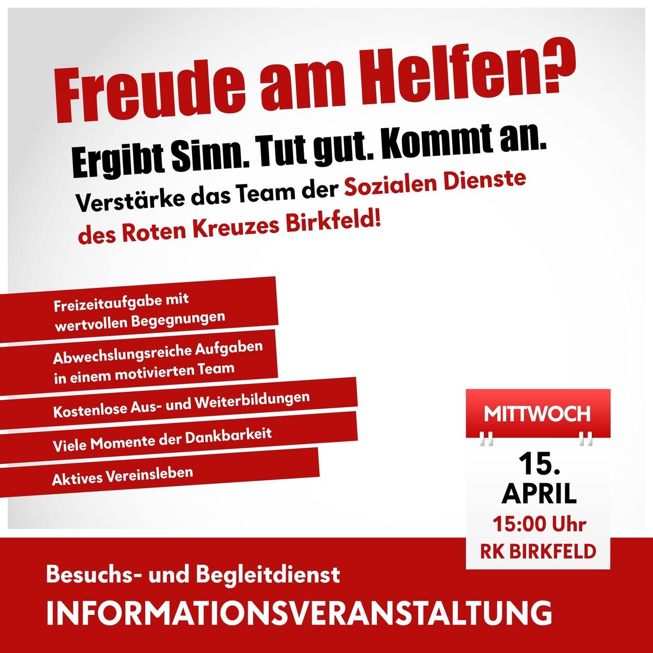Plakat lädt Freiwillige ein, dem Team der Sozialen Dienste des Roten Kreuzes Birkfeld beizutreten. Veranstaltung umfasst lohnende Aufgaben, kostenlose Schulungen und soziale Momente. Datum: 15. April um 15 Uhr, Ort: RK Birkfeld.