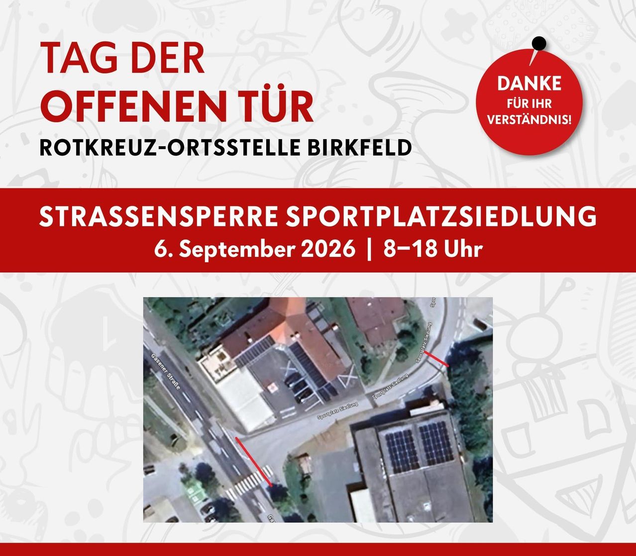 Plakat für den Tag der offenen Tür am Birkfelder Kreisverkehr am 6. September 2026 von 8-18 Uhr. Es zeigt eine Karte mit einem roten Pfeil, der auf einen bestimmten Ort zeigt.