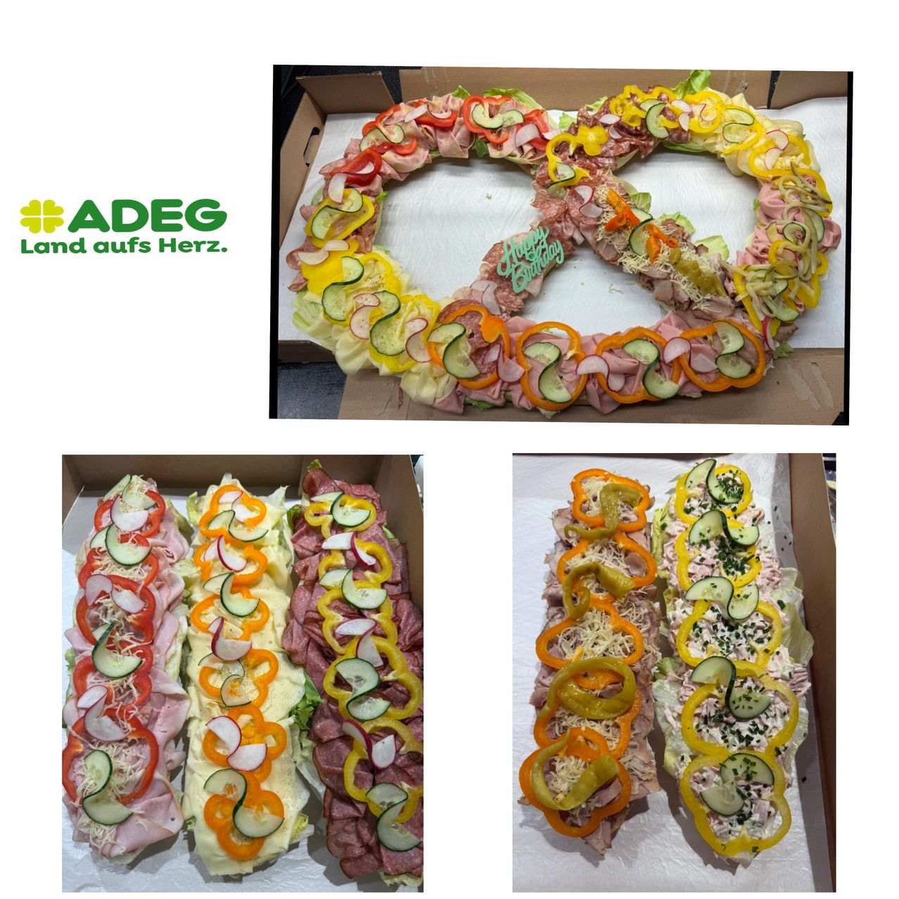 Eine Collage von Lebensmittelbildern, darunter eine kreisförmige Anordnung von Gemüse und Schinken sowie mehrere Sandwiches mit verschiedenen Belägen. In der oberen linken Ecke befindet sich das Logo von ADEG, einem deutschen Lebensmitteleinzelhändler.