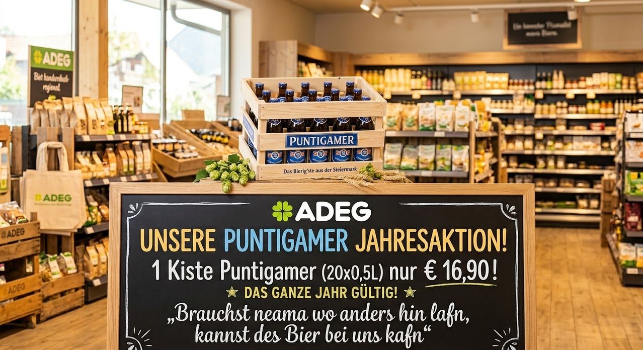 Ein Holzkasten mit Puntigamer-Bier steht auf einem Tresen in einem Geschäft mit Regalen von Produkten im Hintergrund. Ein Kreidetafel-Schild bewirbt ein Jahresangebot für Puntigamer-Bier.