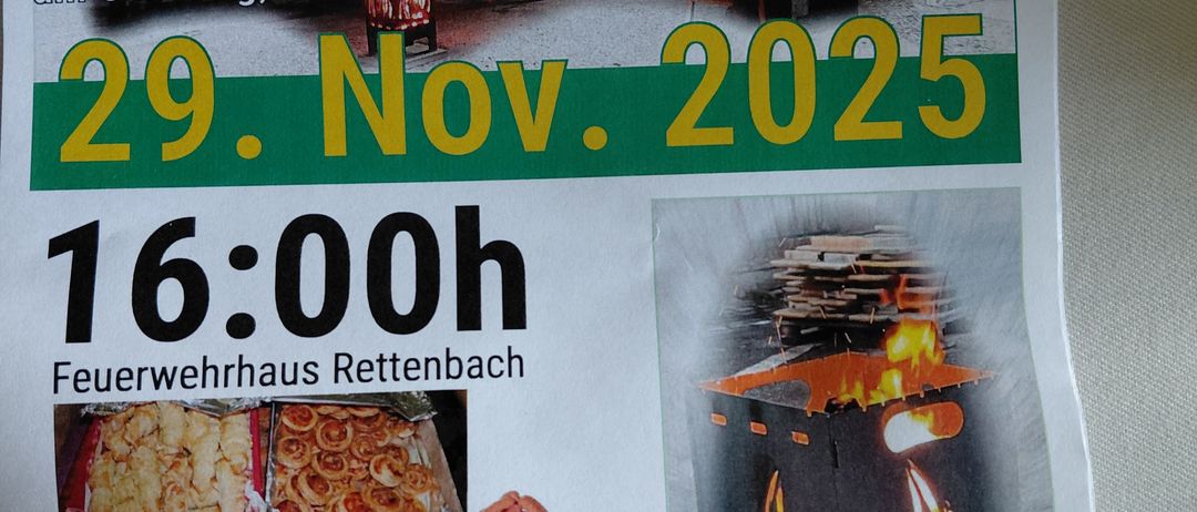 Plakat für eine Veranstaltung in Rettenbach am 29. November 2025 um 16:00 Uhr. Es zeigt Menschen um ein Feuer, Essen und Getränke.