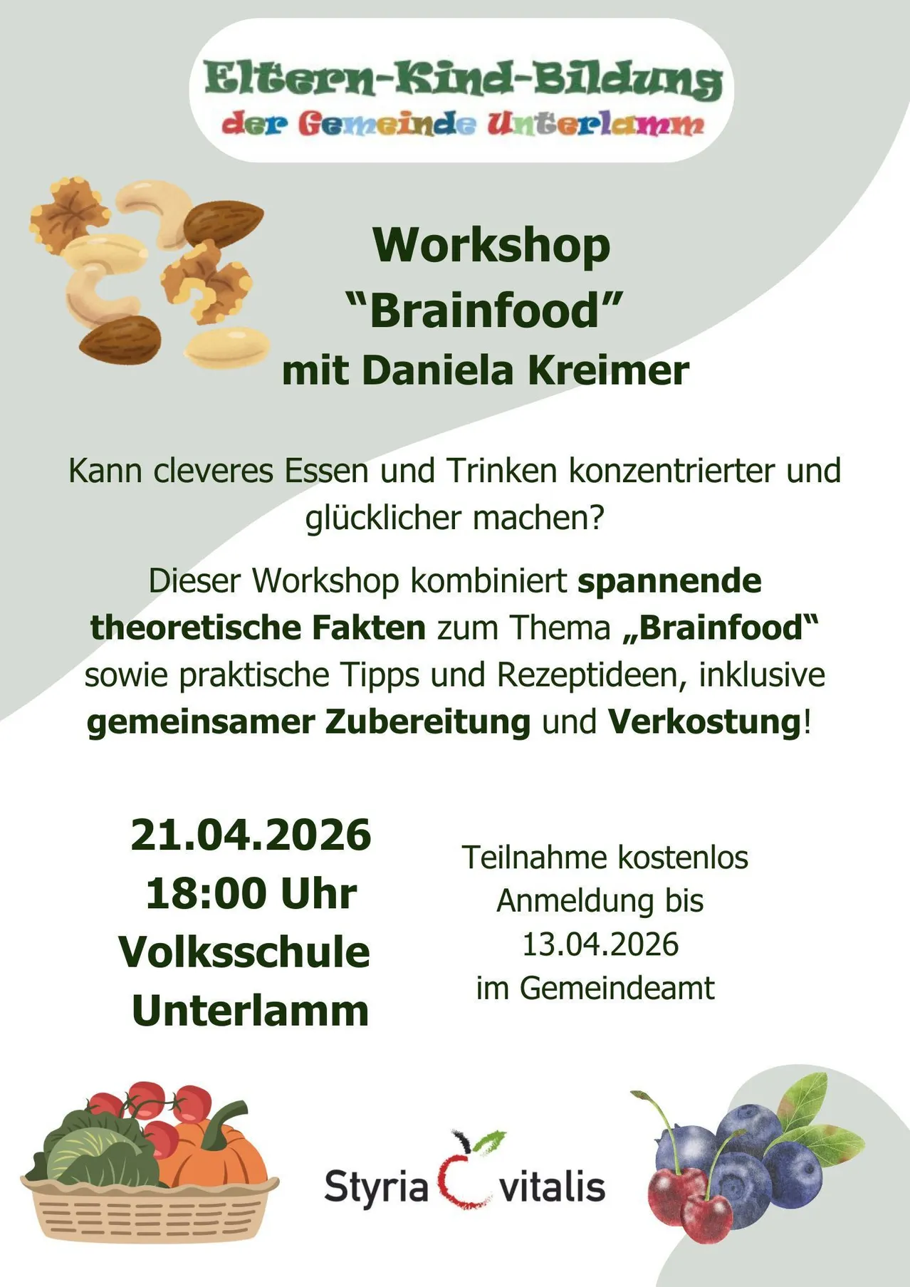 Workshop 'Brainfood' mit Daniela Kreimer. Kann cleveres Essen und Trinken konzentrierter und glücklicher machen? Dieser Workshop kombiniert spannende theoretische Fakten zum Thema 'Brainfood' sowie praktische Tipps und Rezepte, inklusive gemeinsamer Zubereitung und Verkostung!