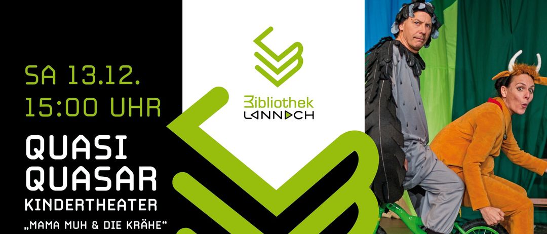 Ein Plakat mit einem Mann in Kostüm auf einem grünen Fahrrad, Text lautet '2. Jahr Theater e Krähe' mit Bibliothekslogo.