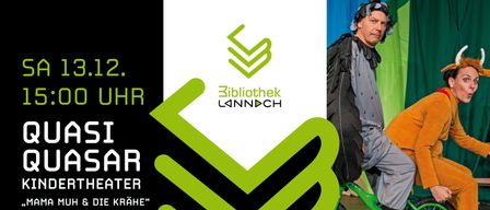 Ein Plakat mit einem Mann in Kostüm auf einem grünen Fahrrad, Text lautet '2. Jahr Theater e Krähe' mit Bibliothekslogo.