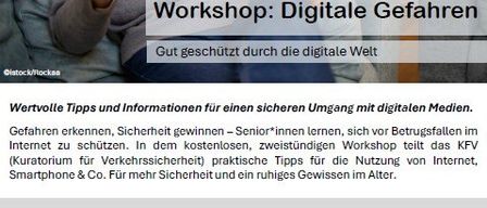 Ein älterer Mann hält eine Kreditkarte und einen Laptop in der Hand und bewirbt ein kostenloses Workshop zum Thema digitale Sicherheit. Lernen Sie, Risiken zu erkennen und sich vor Betrug im Internet zu schützen. Das KFV bietet praktische Tipps für die sichere Nutzung des Internets. Termin: 12.3.2026, Uhrzeit: 09:00-11:00, Ort: Bibliothek Lannach, Hauptplatz 1, 8502 Lannach. Kontakt: Fr. Mag. Kaehr, Telefon: 031368210434, E-Mail: lanach@bibliotheken.at.