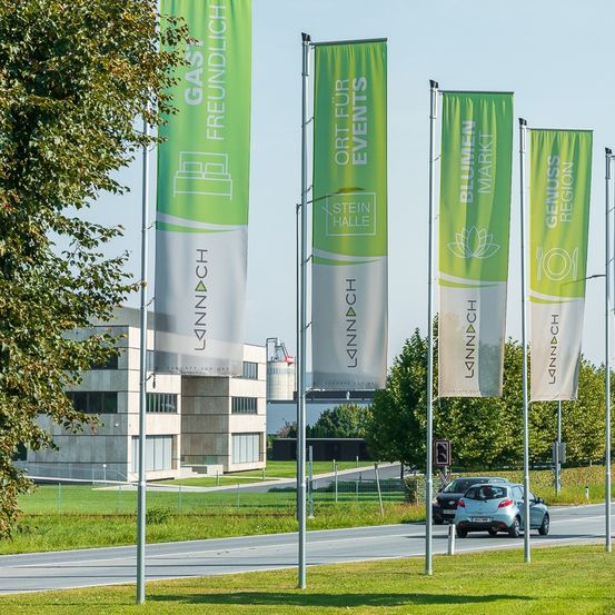 Eine Reihe von Bannern mit verschiedenen Texten und Logos steht in einem Rasenbereich nahe einer Straße. Ein Auto fährt auf der Straße, wobei ein Gebäude im Hintergrund sichtbar ist.