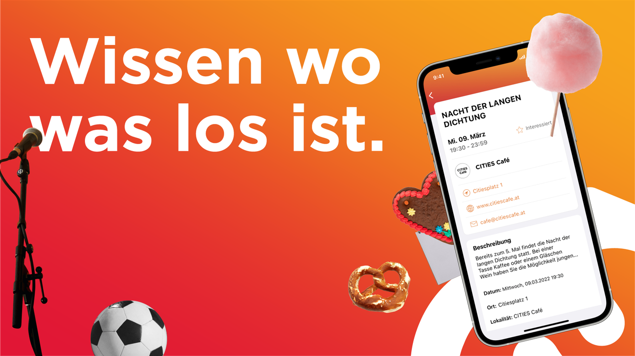 Eine Werbung mit einem herzförmigen Keks und einem Fußball, die eine Veranstaltung namens 'Nacht der Dichtung' bewirbt, mit einem Handy, das eine Benachrichtigung um 9:41 anzeigt.