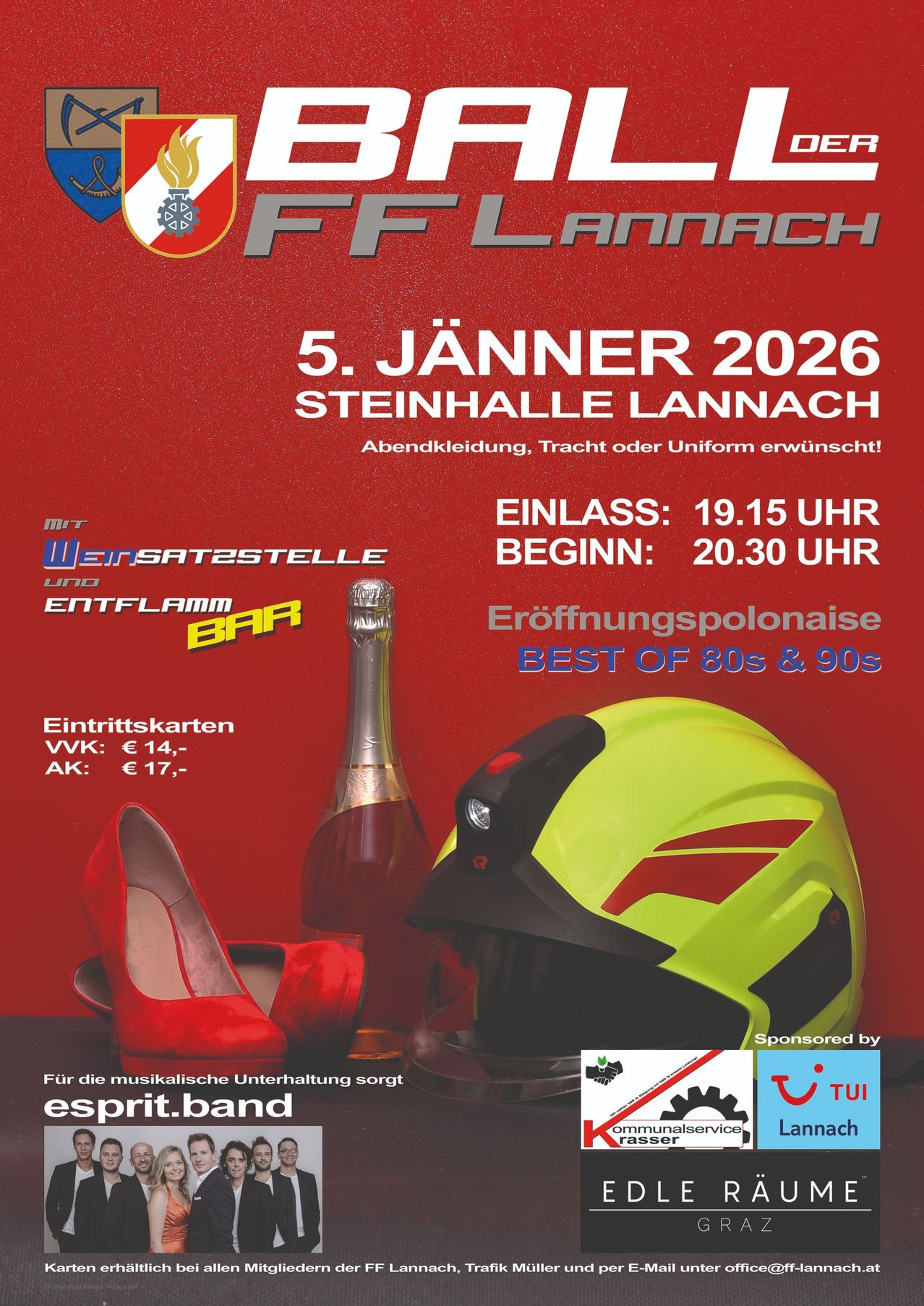 Plakat für FF Lannach-Veranstaltung am 5. Januar 2026. Es zeigt einen roten High Heel, eine Flasche und einen gelben Helm. Die Veranstaltung beginnt um 19:15 Uhr und endet um 22:30 Uhr. Beste Musik der 80er und 90er Jahre.