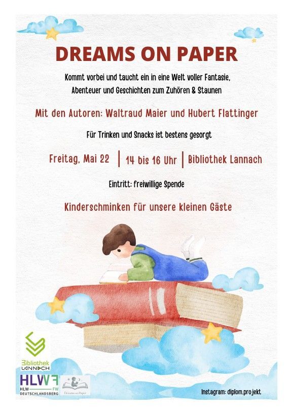 Poster für die Veranstaltung Träume auf Papier mit den Autoren Waltraud Maier und Hubert Flatting. Eintritt frei, Snacks erhältlich. 22. Mai, 14 bis 16 Uhr. Lannach Bibliothek.