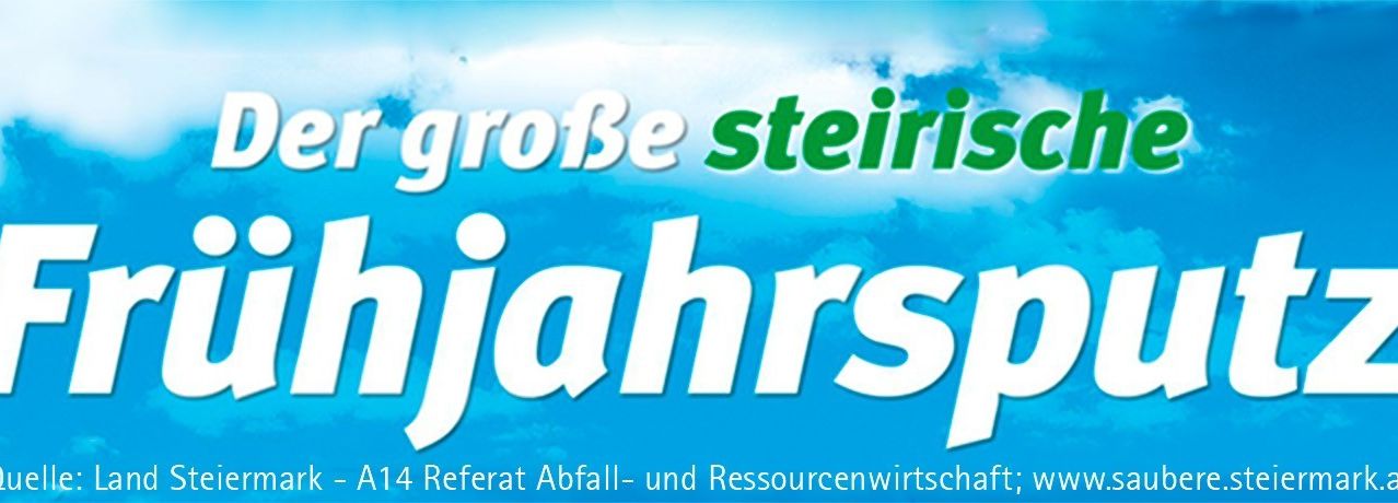 Blauer Himmel mit Wolken. Der Text lautet 'er grosse steirisch jahrsspe'. A14 bezieht sich auf einen Bericht über Abfall- und Ressourcenmanagement. Die Website ist www.