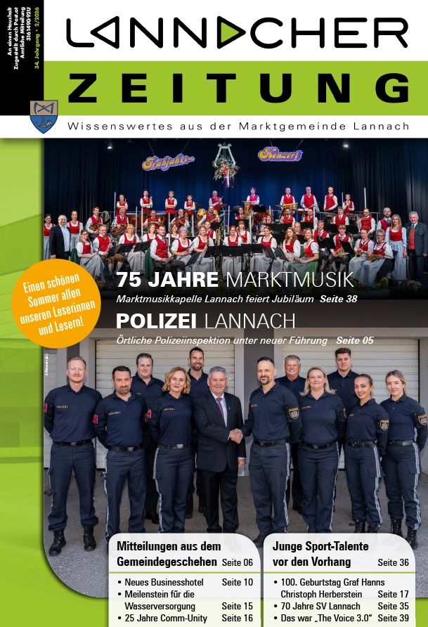 Eine Gemeindezeitung aus Lanach mit Fokus auf lokale Musik, mit dem 75. Jubiläum der Stadtmusikkapelle und einem lokalen Polizeibericht.
